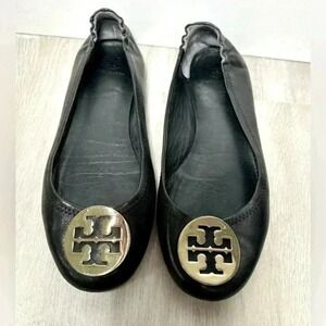 Tory Burch Black Leather Reva Ballet Flats Slip On Logo Size 8.5